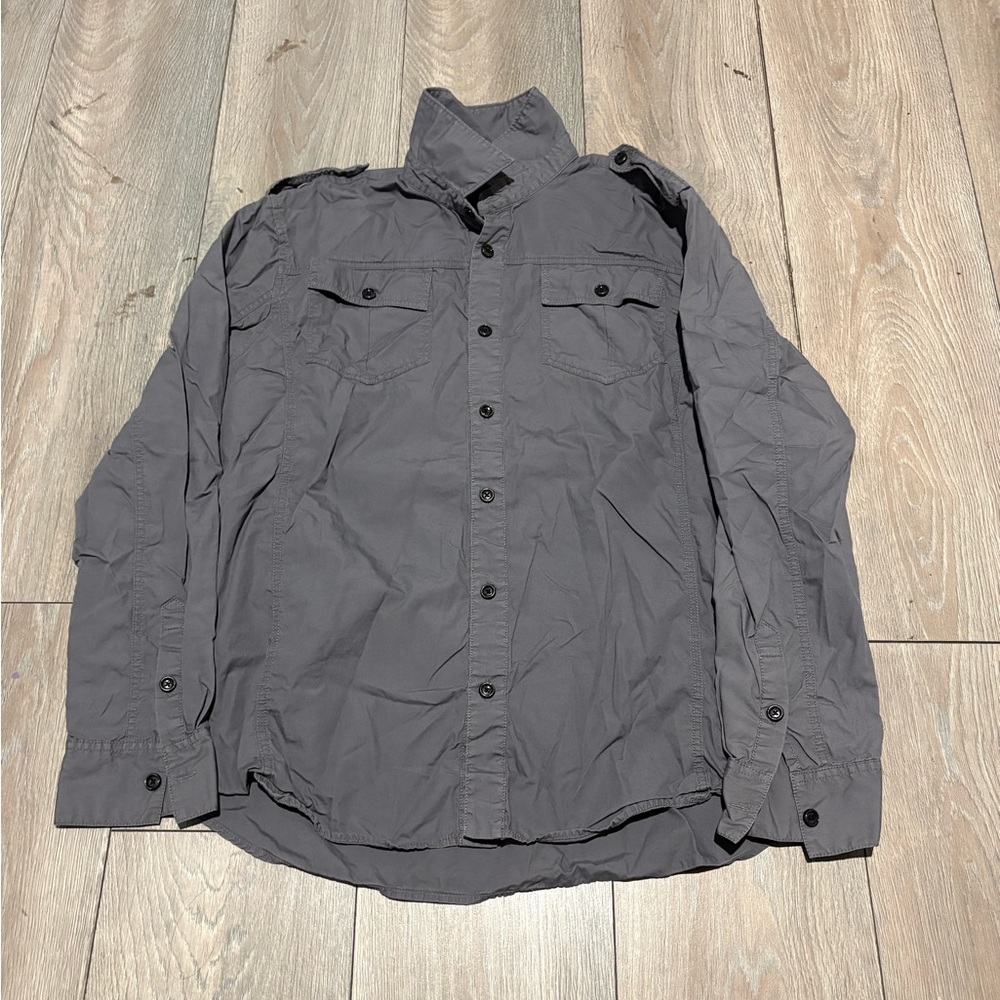 Men’s Y2K Skater Grunge Archaic Long Sleeve Dress Shirt Gray Size Large